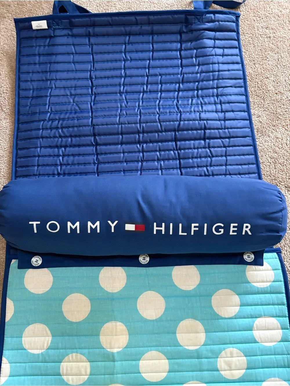 Polka Dot Beach/Yoga Mat Carrier - Aqua and White with Navy Trim includes Pillow
